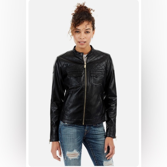 True Religion Quilted Moto‎ Vegan Leather Jacket Size Medium Black - Picture 1 of 8